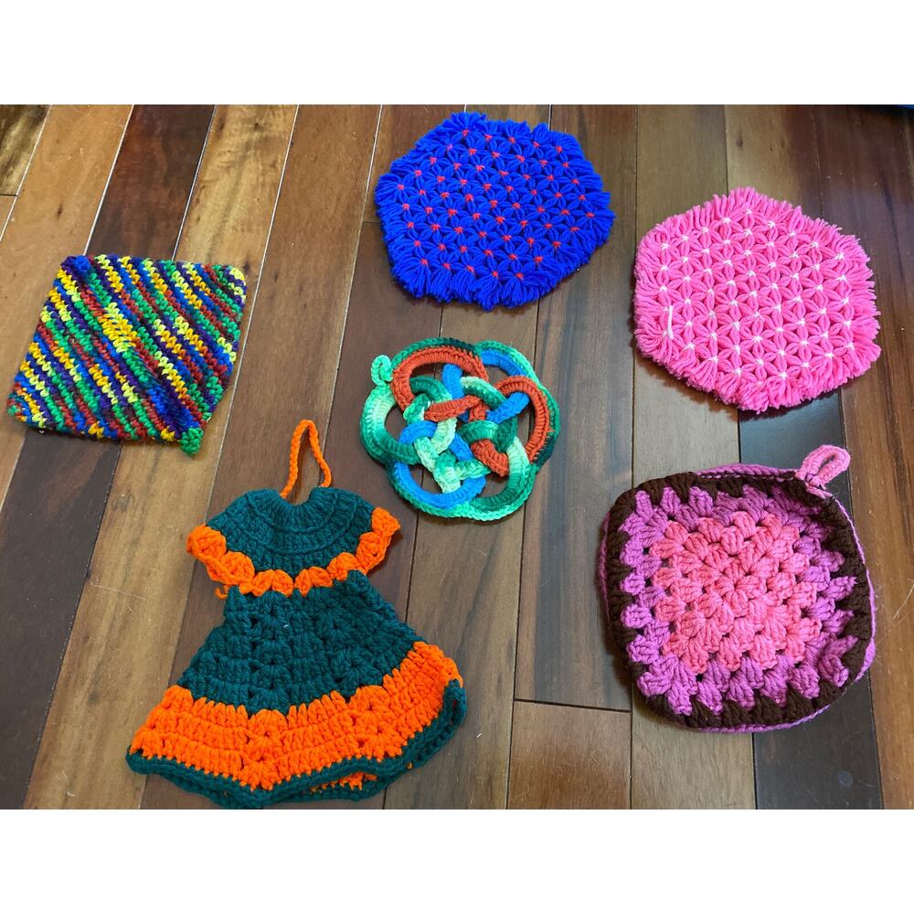 Vintage Crochet Potholders/‎ Hot Pads + crochet bottle dress (?).